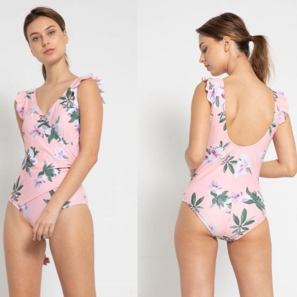 NEW One Piece Ruffle Floral Swimsuit - Peach